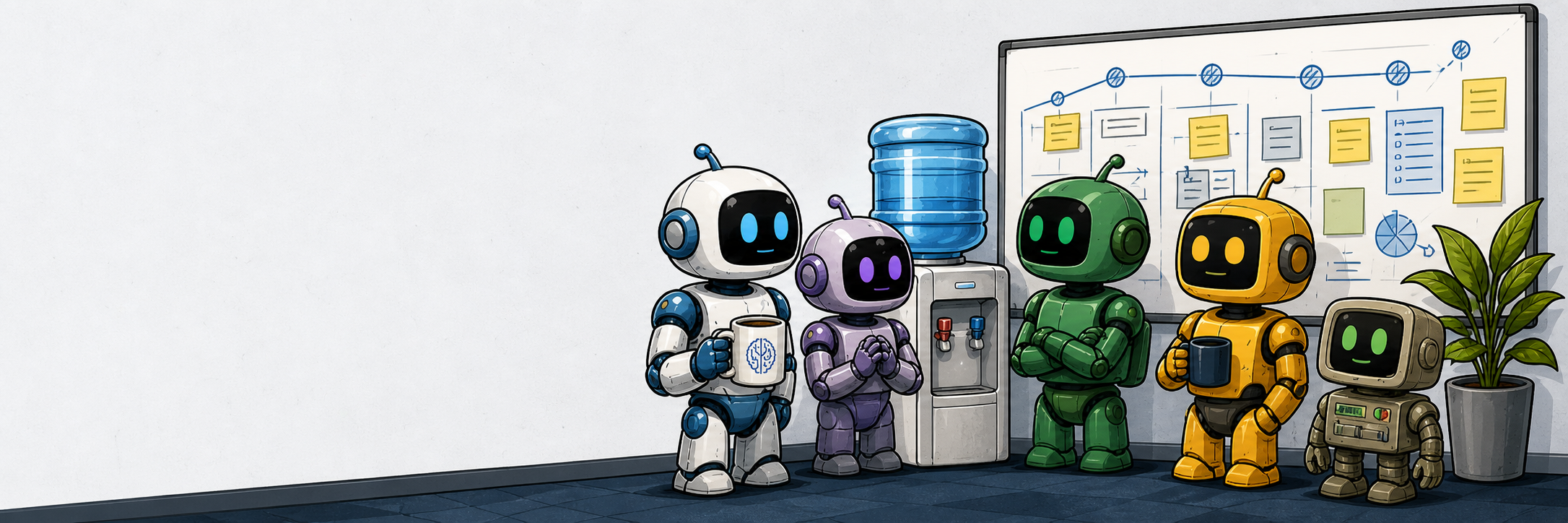 AI agent coworkers around an office water cooler